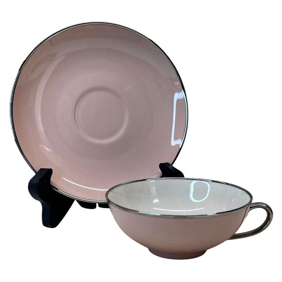 6 Gladding McBean Franciscan China Magnolia Pink Platinum Trim Cups & Saucers - Picture 6 of 11